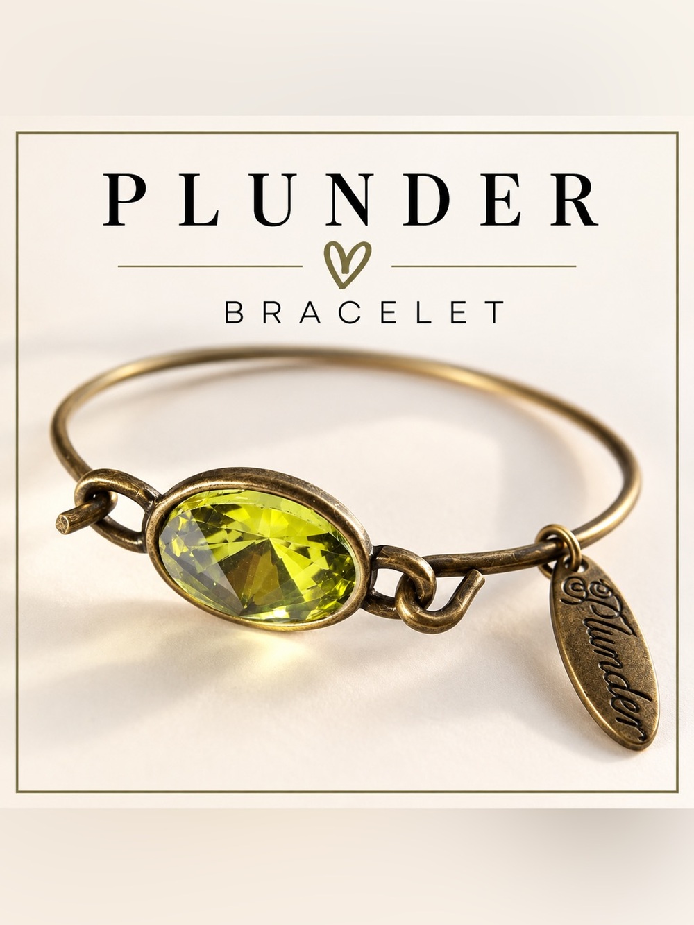 Plunder Jewelry Yellow Green Crystal Antique Brass Bangle Bracelet